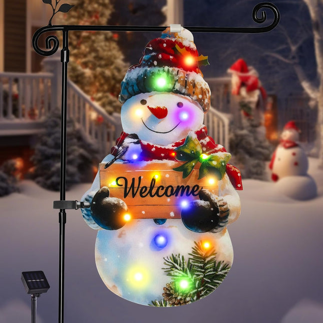 Solar LED Christmas Garden Flag 22x13, Snowman Design, Double-Sided with 8 Modes