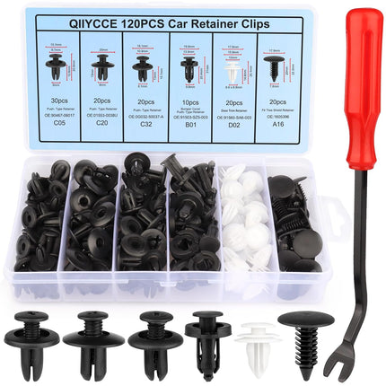 120PCS Car Clips & Plastic Rivets, 6 Sizes for Bumpers, Fenders & Body Panels