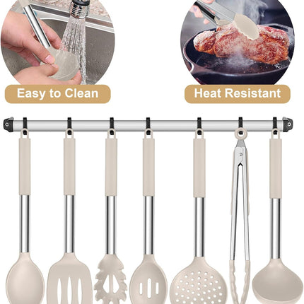 7 Pc Silicone Cooking Utensils Set Khaki Heat Resistant Stainless Steel Handle