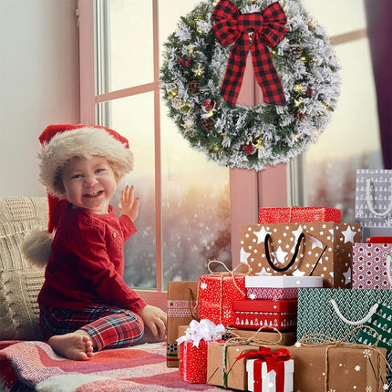 2FT Snowy Flocked Christmas Wreath with LED Lights, Bow, Pinecones, Indoor/Outdoor
