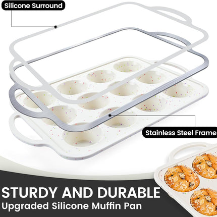 12 Cup Silicone Muffin Pan Metal Frame BPA Free Cupcake Baking Tray Cream