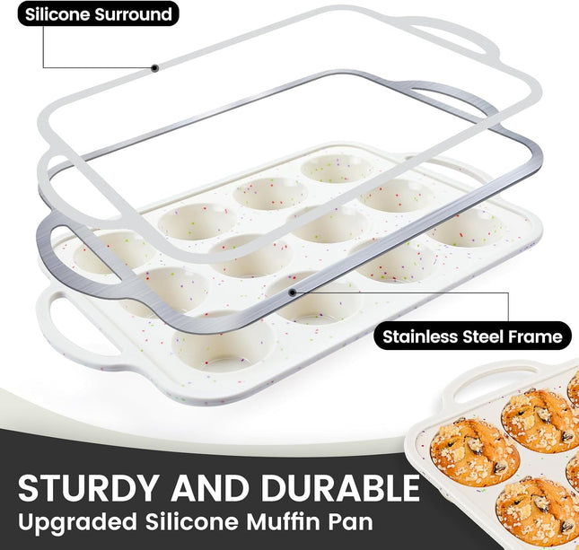 12 Cup Silicone Muffin Pan Metal Frame BPA Free Cupcake Baking Tray Cream