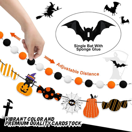 Happy Halloween Banner & Pom Pom Garland Kit, Candy Bat Wall Hanging Party Decor