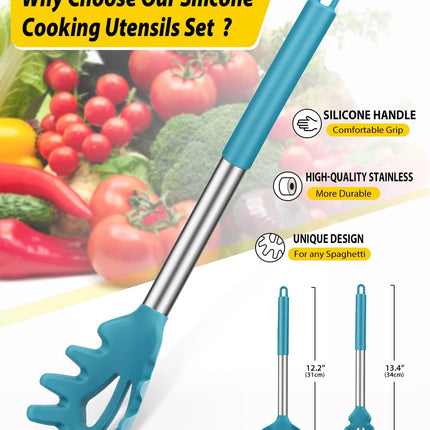 Blue Silicone Pasta Fork & Ladle Set Non Stick Kitchen Cooking Serving Tools