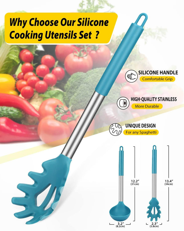 Blue Silicone Pasta Fork & Ladle Set Non Stick Kitchen Cooking Serving Tools