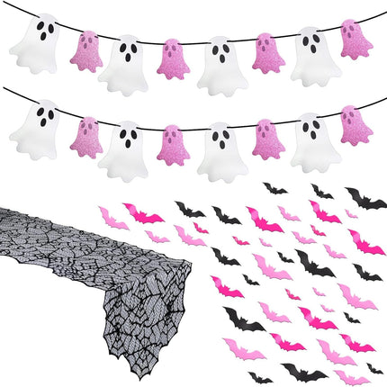 Pink Halloween Decor Set, Ghost Banner, Bat Stickers & 72in Spider Web Table Runner