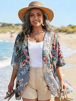 Women's Floral Print Puff Sleeve Kimono Cardigan Loose Casual Cover Up Blouse Top 2026