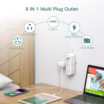 Rotating 6-Outlet Wall Surge Protector, 3 USB Ports (2 USB-C), 1800J