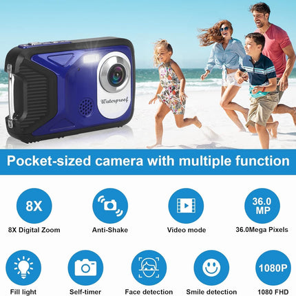 Waterproof Digital Camera 1080P 36MP with 32GB Card for Kids Teens Blue
