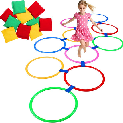 Hopscotch Ring Game Set with Toss Bean Bags for Kids Outdoor Play