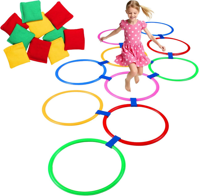 Hopscotch Ring Game Set with Toss Bean Bags for Kids Outdoor Play