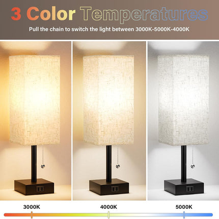 Set of 2 Bedside Table Lamps 14 Inch Pull Chain AC Outlet 3 Colour Temperatures