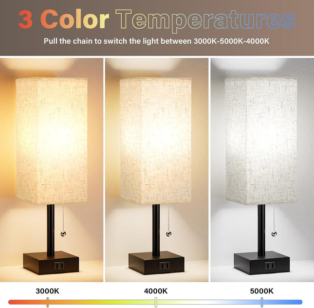 Set of 2 Bedside Table Lamps 14 Inch Pull Chain AC Outlet 3 Colour Temperatures