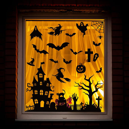 6-Sheet Halloween Window Clings, Black Castle Graveyard Bat Reusable Glass Decals