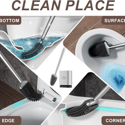 Toilet Brush & Holder Set – Silicone Bristles, Compact Ventilated Base, Silver