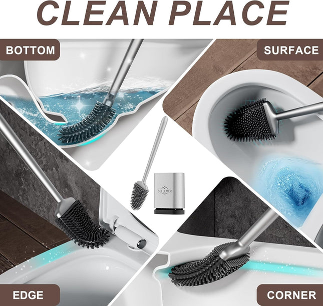 Toilet Brush & Holder Set – Silicone Bristles, Compact Ventilated Base, Silver