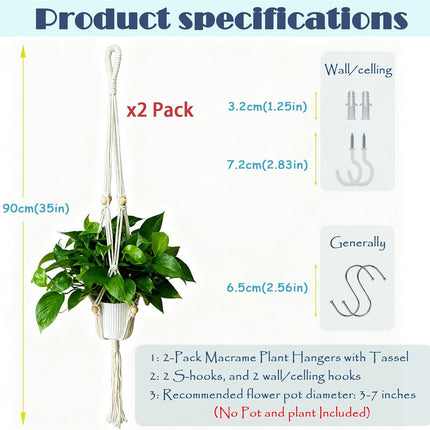 2 Pack Macrame Plant Hangers 35in, Boho Hanging Planters with Tassels & 4 Hooks