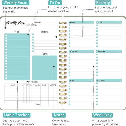 Weekly Planner Notebook Undated A5 Spiral Bound Goal Habit Tracker Organizer
