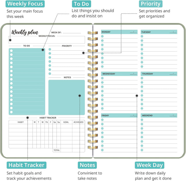 Weekly Planner Notebook Undated A5 Spiral Bound Goal Habit Tracker Organizer