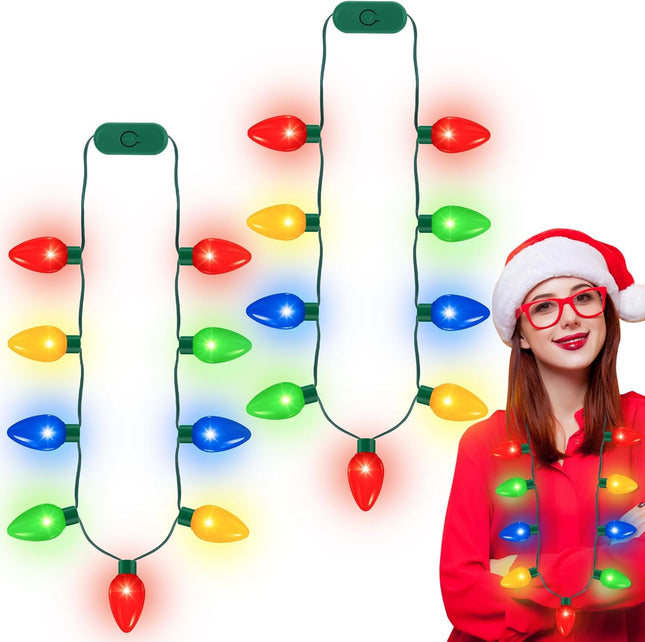 2 Pack Christmas Light Necklaces – 9 LED Bulbs, 3 Flash Modes for Xmas Party