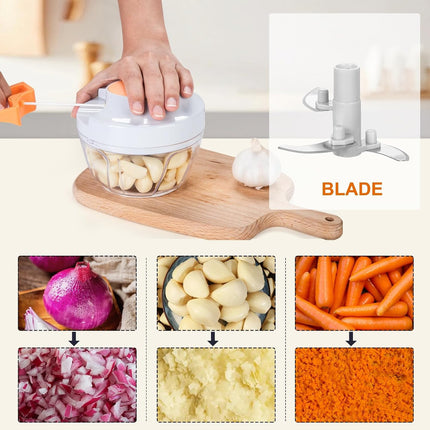 500ml Manual Food Chopper with 3 Stainless Steel Blades Pull String Garlic Mincer White