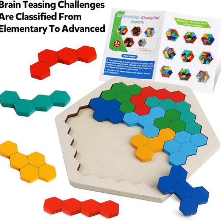 Wooden Hexagon Puzzle – STEM Tangram Brain Teaser for Kids & Adults