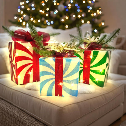 3 Christmas Lighted Gift Boxes 60 LED Lights with Red Bow Holiday Decor & Gift Wrapping