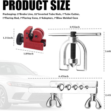 25Ft 1/4" & 3/16" Brake Line Kit, Flaring Tool Kit, 32 Inverted Fittings Repair Set