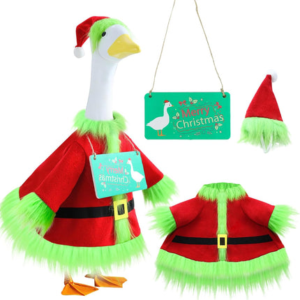 23" Christmas Goose Outfit Green Santa Costume for Porch or Lawn Goose Decor