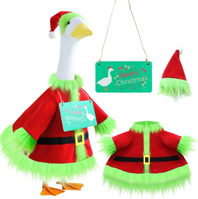 23" Christmas Goose Outfit Green Santa Costume for Porch or Lawn Goose Decor