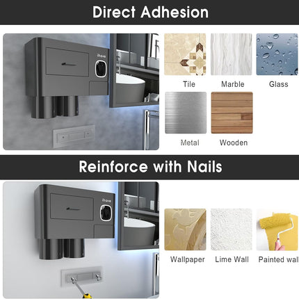 Wall-Mounted Toothbrush Holder with Toothpaste Dispenser, 2 Cups, 6 Slots and Drawer