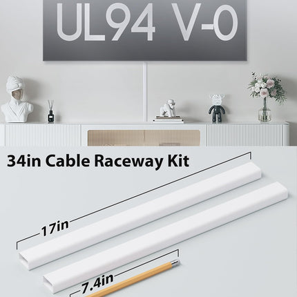 34in (2x17in) TV Cord Hiders – PVC Cable Cover Kit with Adhesive for Wall-Mounted TVs, White