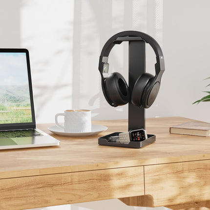 Black Metal Headphone Stand – Stable Holder with Bottom Storage Tray
