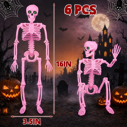 6-Pack 16in Pink Halloween Skeletons with Eyes & Box, Indoor Outdoor Yard Decor