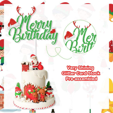 Christmas & Birthday Decorations Kit – Merry Banner, Glitter Cake Topper, Santa, Tree & Snowflake