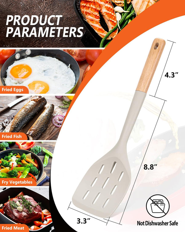 2 Pack Silicone Spatula Wooden Handle Heat Resistant Kitchen Turner Khaki