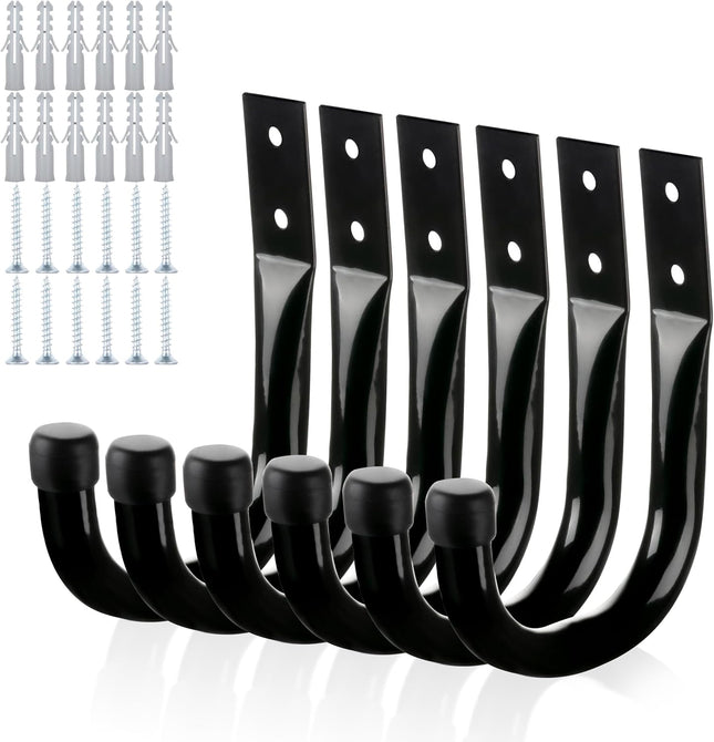 6-Piece Heavy Duty Wall Hooks – Black Metal J Hooks for Garage, Tools, and Bag Storage