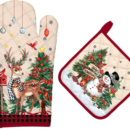 2Pcs Christmas Oven Mitts and Pot Holders, Heat Resistant Cotton with Deer & Snowman Design