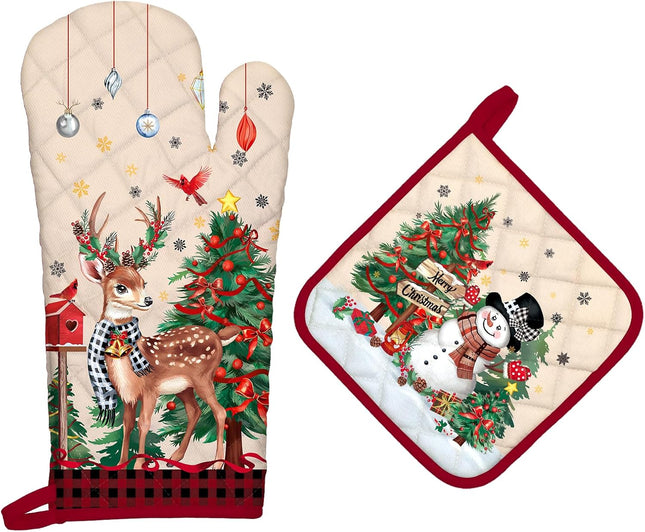 2Pcs Christmas Oven Mitts and Pot Holders, Heat Resistant Cotton with Deer & Snowman Design