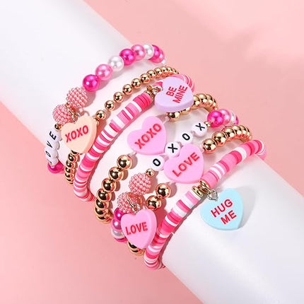 Beaded Heishi XOXO Bracelet: Hot Pink Valentine’s Day Heart Charm Stackable Jewelry