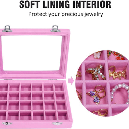 Velvet Jewelry Box – 24-Grid Ring & Earring Organizer, Pink for Women