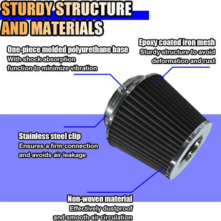 Universal Clamp-On Air Intake Filter, 76/89/102mm High Flow Washable Cone Filter