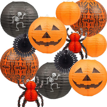 12-Piece Halloween Paper Lanterns, Jack-O'-Lantern Spider Skeleton Pumpkin Decor