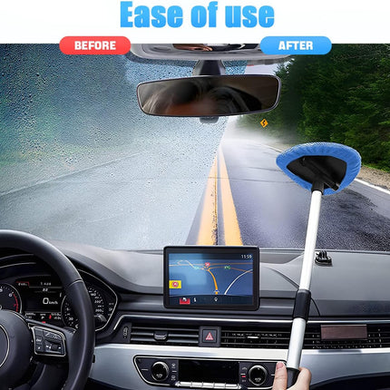 Extendable Car Windshield Cleaning Tool 180° Rotating Head Microfiber Pads Blue