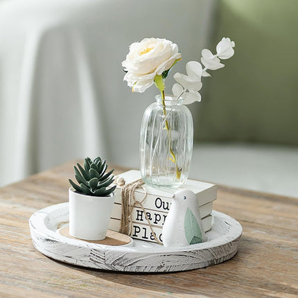 Round White Wood Candle Tray – Rustic Farmhouse Decor for Coffee Table & Home