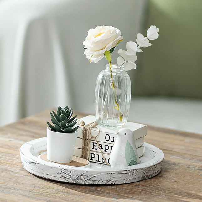 Round White Wood Candle Tray – Rustic Farmhouse Decor for Coffee Table & Home