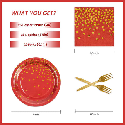 75PCS Red & Gold Party Plates and Napkins Set – Disposable Tableware for 25