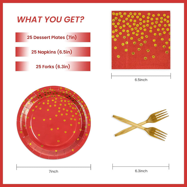 75PCS Red & Gold Party Plates and Napkins Set – Disposable Tableware for 25