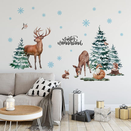 Winter Forest Deer Wall Stickers – Christmas Pine Trees & Animals for Holiday Decor