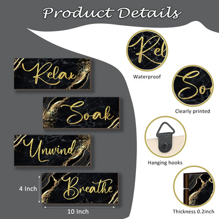 4 Pcs Black Gold Bathroom Wall Decor Wood Rustic Relax Soak Unwind Breathe